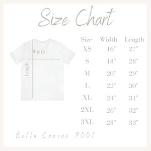 May include: Size chart for Bella Canvas 3001 t-shirts, showing measurements in inches for width and length for sizes XS through 3XL.