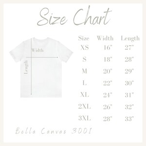 K&ouml;nnte beinhalten: Gr&ouml;&szlig;entabelle f&uuml;r Bella Canvas 3001 T-Shirts, mit Ma&szlig;en in Zoll f&uuml;r Breite und L&auml;nge f&uuml;r die Gr&ouml;&szlig;en XS bis 3XL.