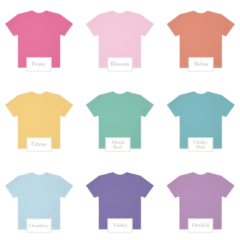 May include: Nine solid-color t-shirts in various shades, including Peony, Blossom, Melon, Citrus, Island Reef, Chalky Mint, Chambray, Violet, and Orchid. Each shirt has a label with its color name.