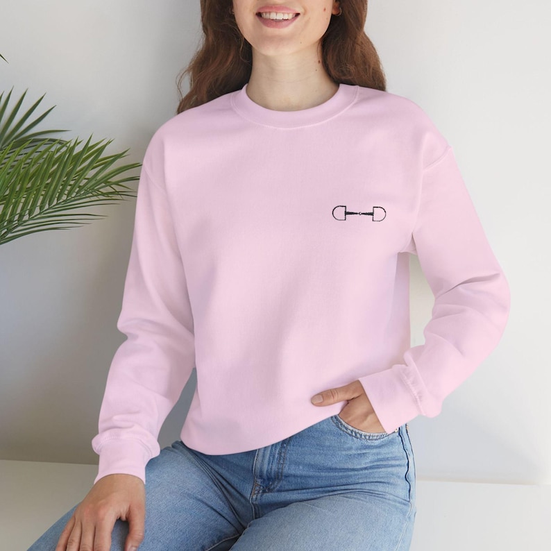 May include: A pink sweatshirt with a small black equestrian bit design on the front.