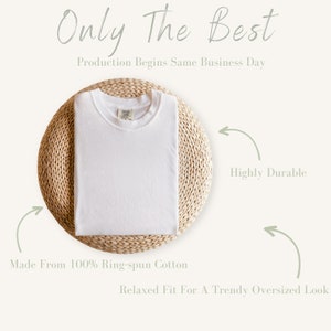 May include: A folded white t-shirt on a woven mat. The text "Only The Best" is at the top, with "Production Begins Same Business Day" below it. Additional text indicates the shirt is made from ring-spun cotton, is highly durable, and has a relaxed fit.