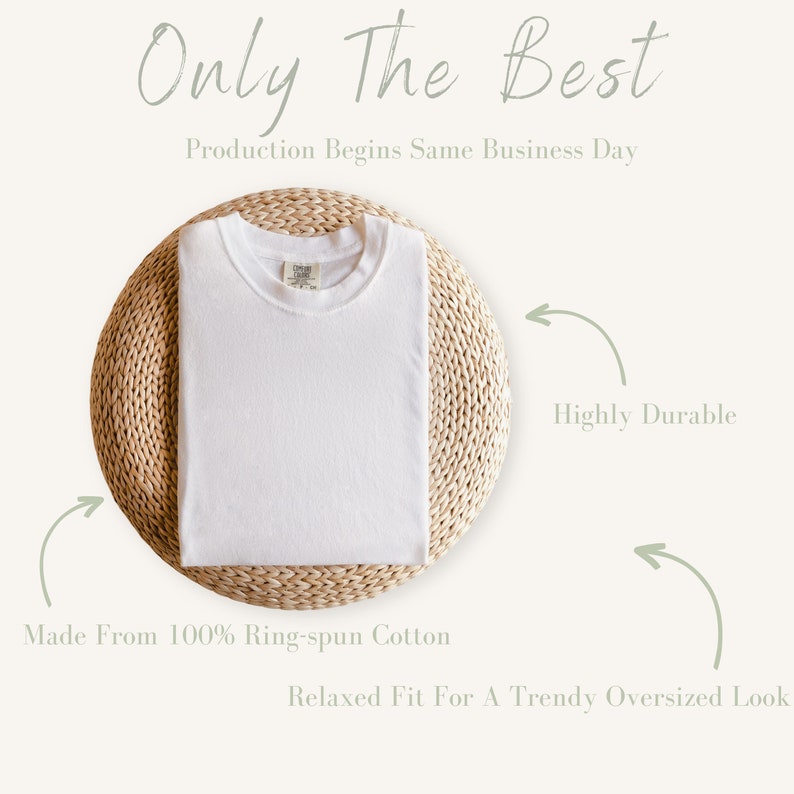 May include: A folded white t-shirt on a woven mat. The text "Only The Best" is at the top, with "Production Begins Same Business Day" below it. Additional text indicates the shirt is made from ring-spun cotton, is highly durable, and has a relaxed fit.