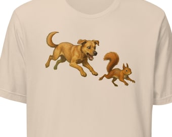 Camiseta con perro persiguiendo ardilla, divertida camiseta gráfica