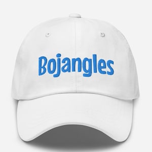 May include: White baseball cap with a blue embroidered logo that says "Bojangles".