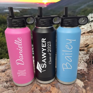 Laser Engraved Water Bottle with Stray, 20 oz, 32 oz, 40 oz, Custom, Personalized , Flip Open Lid, Back to School, Camping, Hiking, Fishing