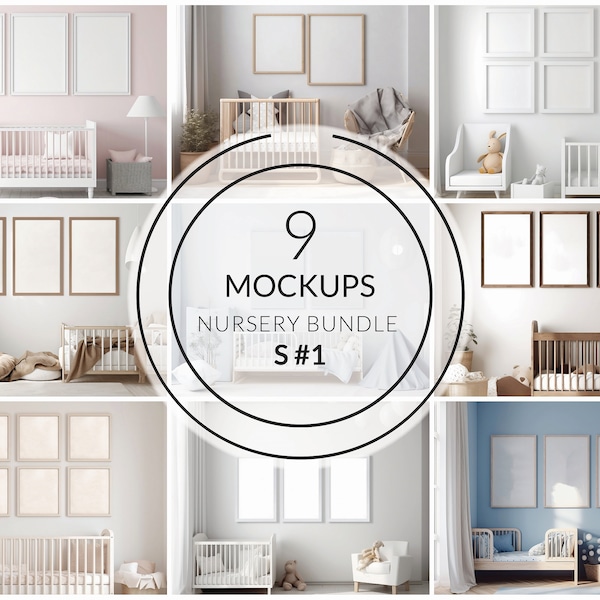 9 Nursery Mockup Frames | Bundle S#1 | PSD | Nursery Frames | Children Room Mockup | Smart Object | Photopea Photoshop Canva