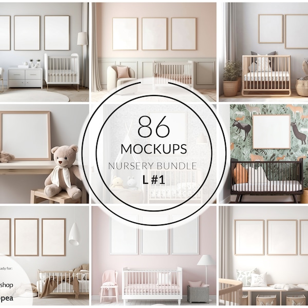 86 Nursery Mockup Frames | PSD Smart Object | Nursery Frames | Children Room Mockup | Photopea Photoshop Canva