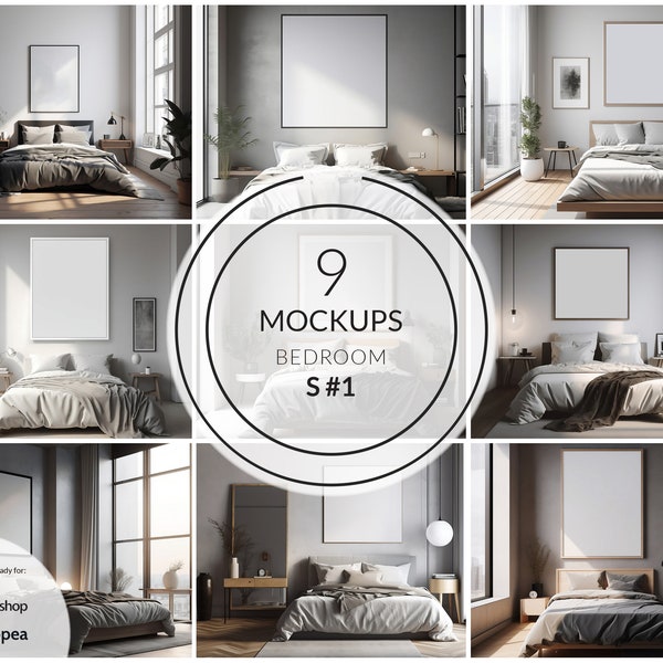 Bedroom Mockup Frames | 9 Different Images | JPEG and PSD files | Bed Room Mock Ups | Sleeping Room Mockups | Empty Frames | Frame Mockups