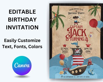 EDITABLE, Pirates Birthday Party Invite, Birthday Invitation, Pirates Digital invitation, Printable Instant Download, CANVA
