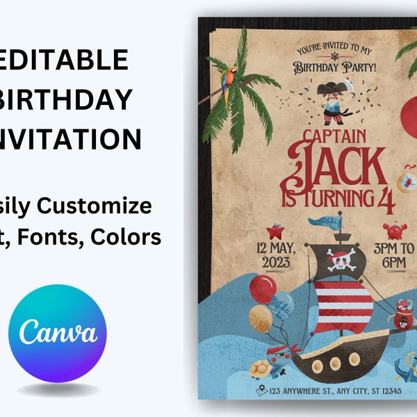 EDITABLE, Pirates Birthday Party Invite, Birthday Invitation, Pirates Digital invitation, Printable Instant Download, CANVA