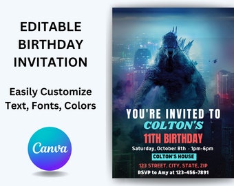 EDITABLE, Godzilla Kids Birthday Party Invite, Gojira Invitation, Godzilla Gojira Invite, Customizable easily in Canva