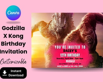 Godzilla X Kong Warm Pink Birthday Party Invite, Godzilla X Kong Invitation, Godzilla X Kong Invite, Birthday Invitations EDITABLE in Canva