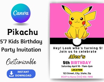 Pink Yellow Black Pikachu Invite, EDITABLE Birthday Invitation, Pikachu Digital invitation, Printable Instant Download, CANVA