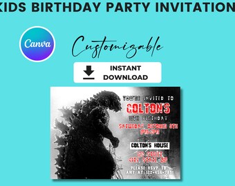 Godzilla Kids Birthday Party Invite, Gojira Invitation, Godzilla Gojira Invite, Customizable easily in Canva