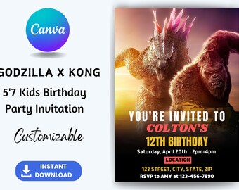 EDITIERBAR, Godzilla X Kong Kindergeburtstagsparty-Einladung, Godzilla X Kong-Einladung, Godzilla X Kong-Einladung, einfach in Canva anpassbar