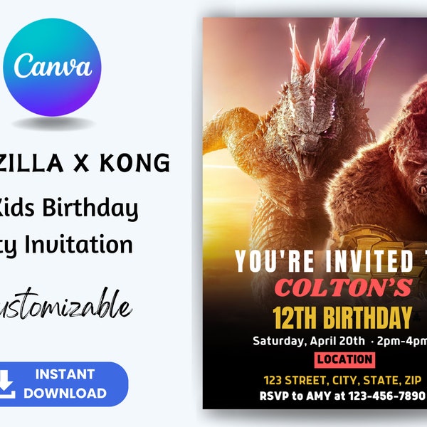 EDITIERBAR, Godzilla X Kong Kindergeburtstagsparty-Einladung, Godzilla X Kong-Einladung, Godzilla X Kong-Einladung, einfach in Canva anpassbar