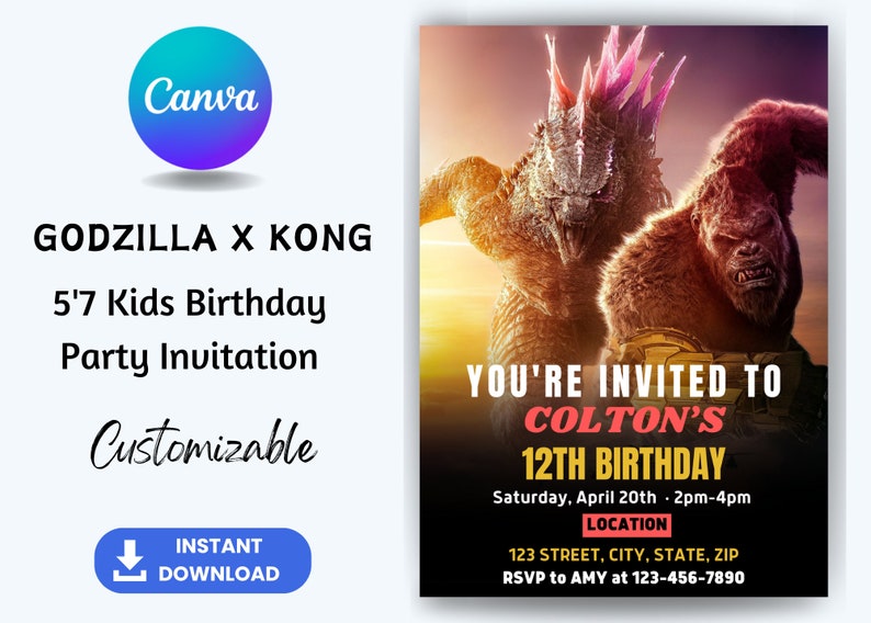 EDITABLE, Godzilla X Kong Kids Birthday Party Invite, Godzilla X Kong Invitation, Godzilla X Kong Invite, Customizable easily in Canva image 1