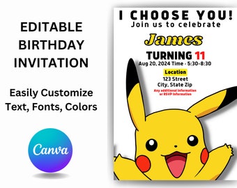 EDITABLE, I Choose You Pikachu Invite, Birthday Invitation, Pikachu Digital invitation, Printable Instant Download, CANVA