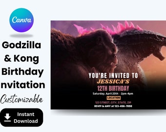 Godzilla & Kong Birthday Party Invite, Godzilla Kong Invitation, Birthday Invites, Birthday Invitations, EDITABLE in Canva
