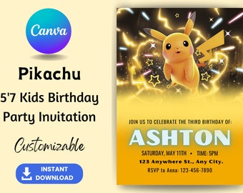 EDITABLE, Pikachu Neon Birthday Invite, Birthday Invitation, Pikachu Neon Digital invitation, Printable Instant Download, CANVA