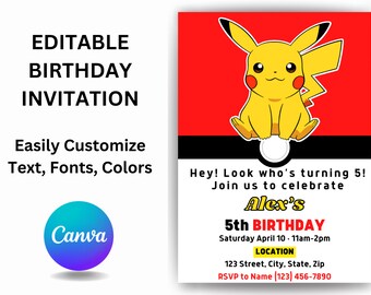 Red Yellow Pikachu Invite, EDITABLE Birthday Invitation, Pikachu Digital invitation, Printable Instant Download, CANVA