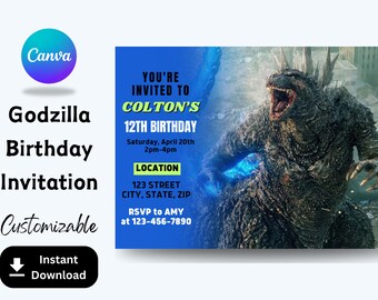 EDITABLE Godzilla Birthday Party Invite, Godzilla Invitation, Birthday Invites, Birthday Invitations CUSTOMIZABLE in Canva