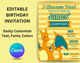 Yellow Orange Pokemon Charizard Invite, EDITABLE Birthday Invitation, Pokemon Digital invitation, Printable Instant Download, CANVA