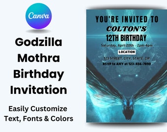 EDITABLE Godzilla Mothra Birthday Party Invite, Godzilla Mothra Invitation, Birthday Invites, Birthday Invitations CUSTOMIZABLE in Canva