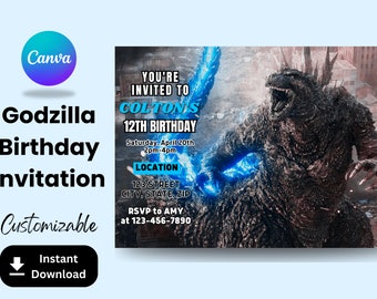 EDITABLE, Godzilla Blue Kids Birthday Party Invite, Godzilla Blue Invitation, Godzilla Blue Invite, Birthday Invitations