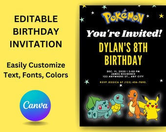 EDITABLE, Pokemon Birthday Invitation, Pokemon Digital invitation, Printable Instant Download, CANVA
