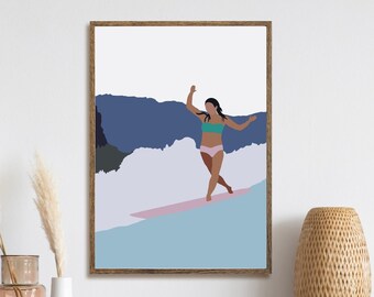 Woman Surfing Wall Art, Minimalist Print, Abstract Art, Coastal Wall Art, Surf Art Print, Beach Home Decor, Digital Print