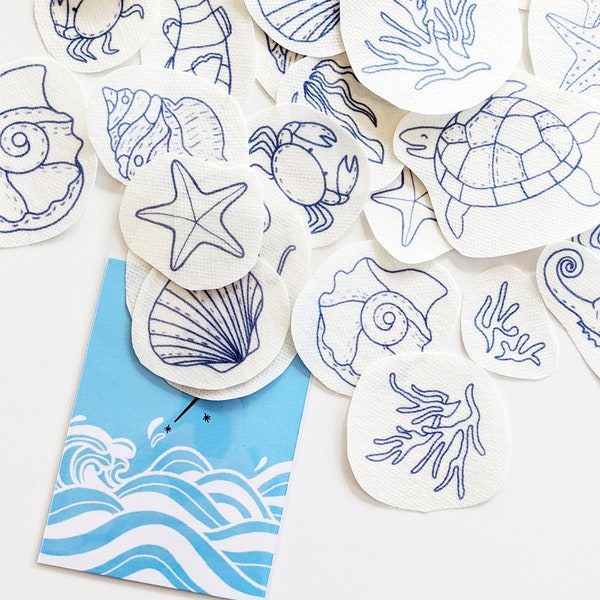 Ocean Stick & Stitch pack, cute, fish, shell, blue, Embroidery kit, DIY Embroidery,Gift, Water Soluble Embroidery