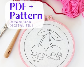 Punch Needle Pattern, Cherry Pattern, Skull Art, Punch Needling, Coaster DIY, Yarn Pattern, Yarn Art, Mug rug DIY, Wall art, Home decor
