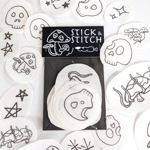 Witchy borduurstok en steek ontwerppakket, spookachtig, schedel, heks, paddestoel, hekserij, magie, doe-het-zelfborduurwerk, wateroplosbaar borduurwerk