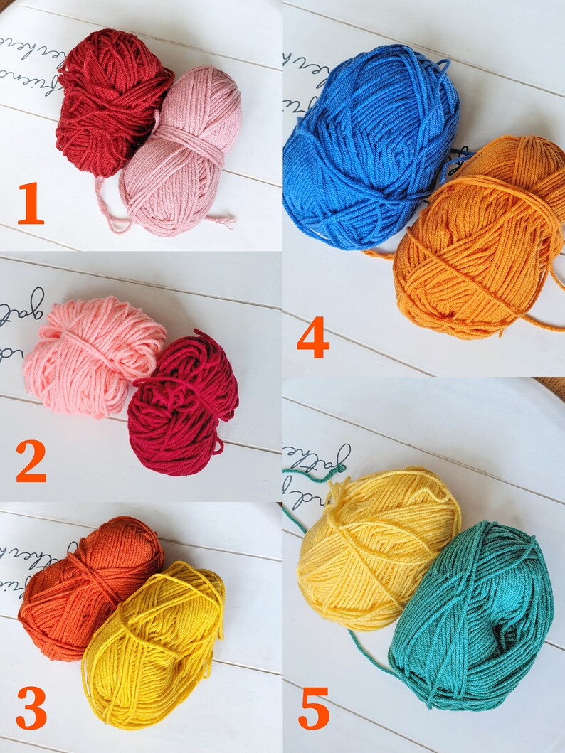 May include: Ten balls of yarn in various colors, including red, pink, blue, orange, yellow, and green. The balls of yarn are arranged in pairs, with each pair numbered 1 through 5.