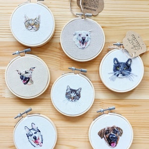 Custom Pet Portrait, mini Personalized Pet Art, Cat Portrait, Dog Portrait, 3.25&quot; Hoop Art, Pet Loss Gift, Hand Embroidery, Wool Felt