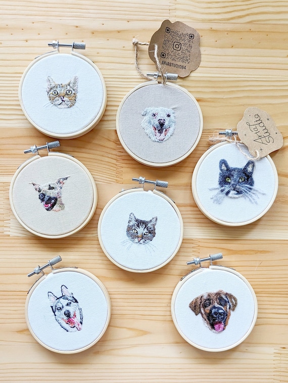 Custom Pet Portrait, mini Personalized Pet Art, Cat Portrait, Dog Portrait, 3.25" Hoop Art, Pet Loss Gift, Hand Embroidery, Wool Felt