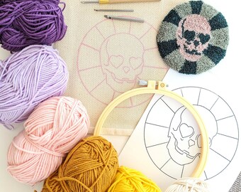 Punch needle kit, skull, coaster DIY, mug rug kit, beginner DIY, gift
