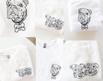 Retrato de mascota personalizado, camiseta, bordado a mano, bordado, gato, retrato de perro, arte lineal, camiseta personalizada para mascota