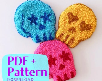 Mönster för stansnålar, PDF-mönster, Dödskallekonst, Stansnålning, Underlägg DIY, Garnmönster, Garnkonst, Muggmatta DIY, Väggkonst, Heminredning