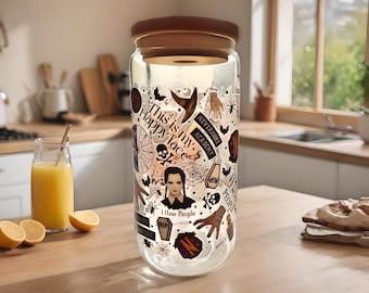 Bamboo lid glass Wednesday Addams cup design cup , iced coffee viral cup, tiktok
