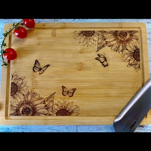 Sunflower and butterfly cutting board, charcuterie board, gift