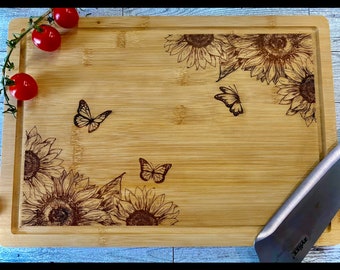 Sunflower and butterfly cutting board, charcuterie board, gift