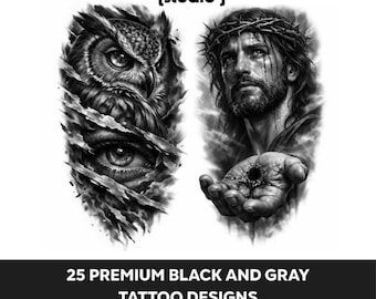 25 diseños de tatuajes en blanco y negro + 2 variaciones de plantillas para cada diseño, paquete de plantillas para tatuajes, referencia de tatuajes realistas, descarga instantánea.