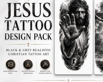 10 Jesus-Tattoo-Designs | Realistische christliche Tattoo-Kunst in Schwarz und Grau | Religiöses Flash-Bundle | Digitaler Download für Tattoo-Künstler
