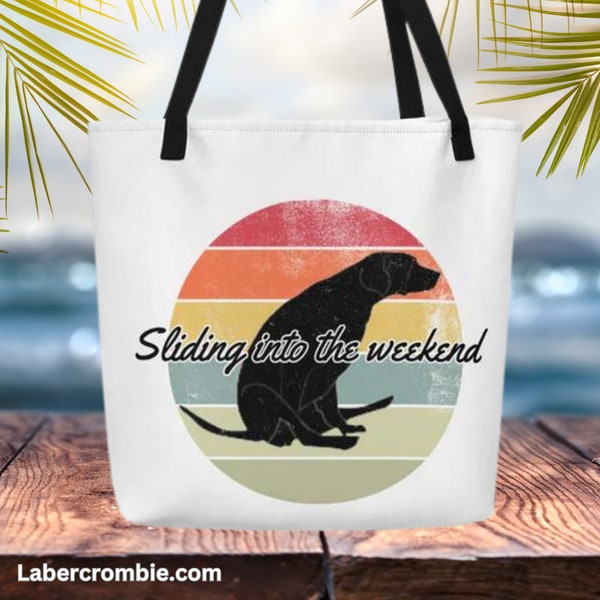 Sliding into the weekend Large Tote Bag, Cute Tote Bags, Cute Dog Totes, Dog Lovers Tote Bag, Dog Mom Tote Bag, Dog Tote Bag