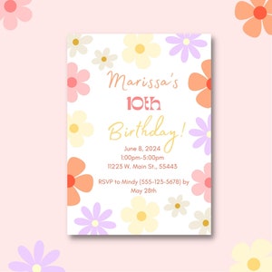 Groovy Blumen-Geburtstags-Einladung| Blumen Geburtstagseinladung | Hippie Geburtstag | Blumen-Geburtstags-Party| Mädchen-Geburtstagseinladung