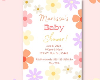 Groovy Floral Baby Shower Invitation | Hippie Rainbow Flowers (Digital Download)