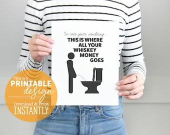 This is Where All Your Whiskey Money Goes - Down the Toilet - Funny Bathroom Sign - Digital Download Design - Print at Home - PRINTABLE