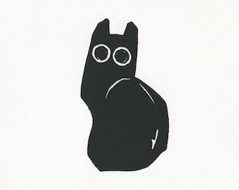 Black Cat Kitten Original Cute Linocut Printmaking - 5x7 Animal Art - Deckle Edge - Minimalist Wall Decor Print Drawing Linoprint Feline